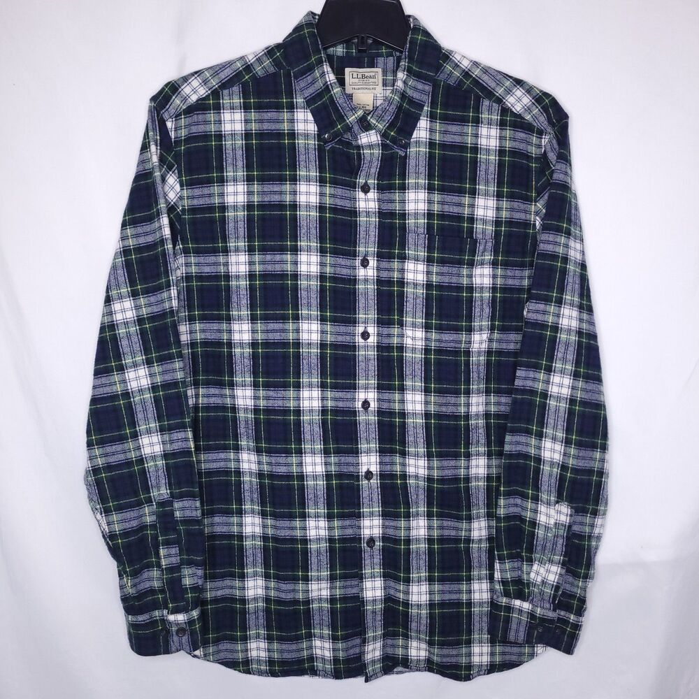 LL Bean Flannel Shirt Mens Large Scotch Plaid Blue, Green, White Traditional Fit